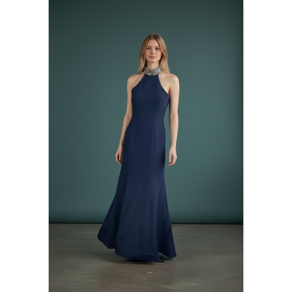 Jump Apparel Navy Blue Halter Neck Embellished Collar Gown Maxi Dress Size 5/6 P